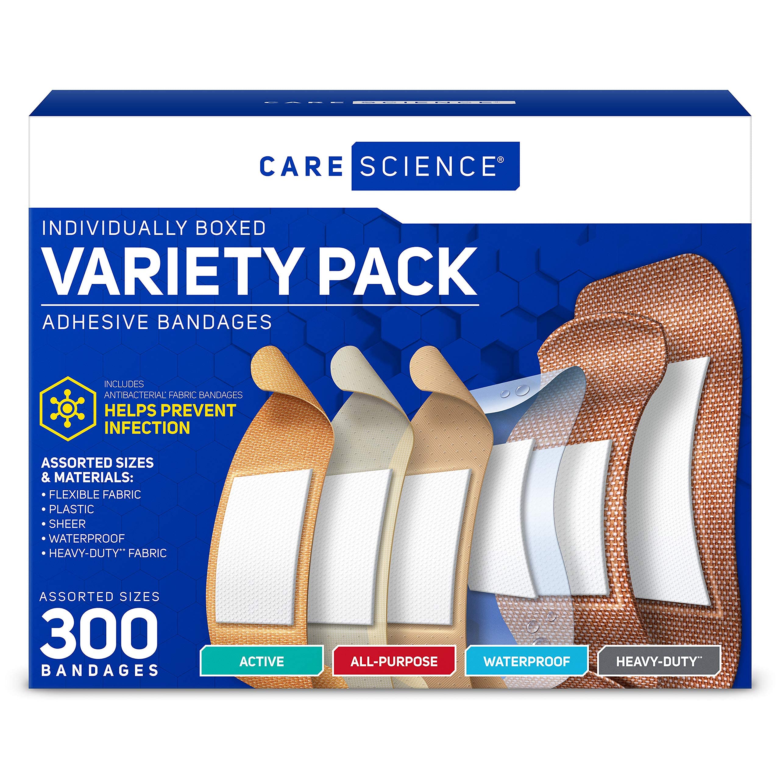 Care Science Variety Bandages Pack, 300 ct Bulk Assorted Sizes