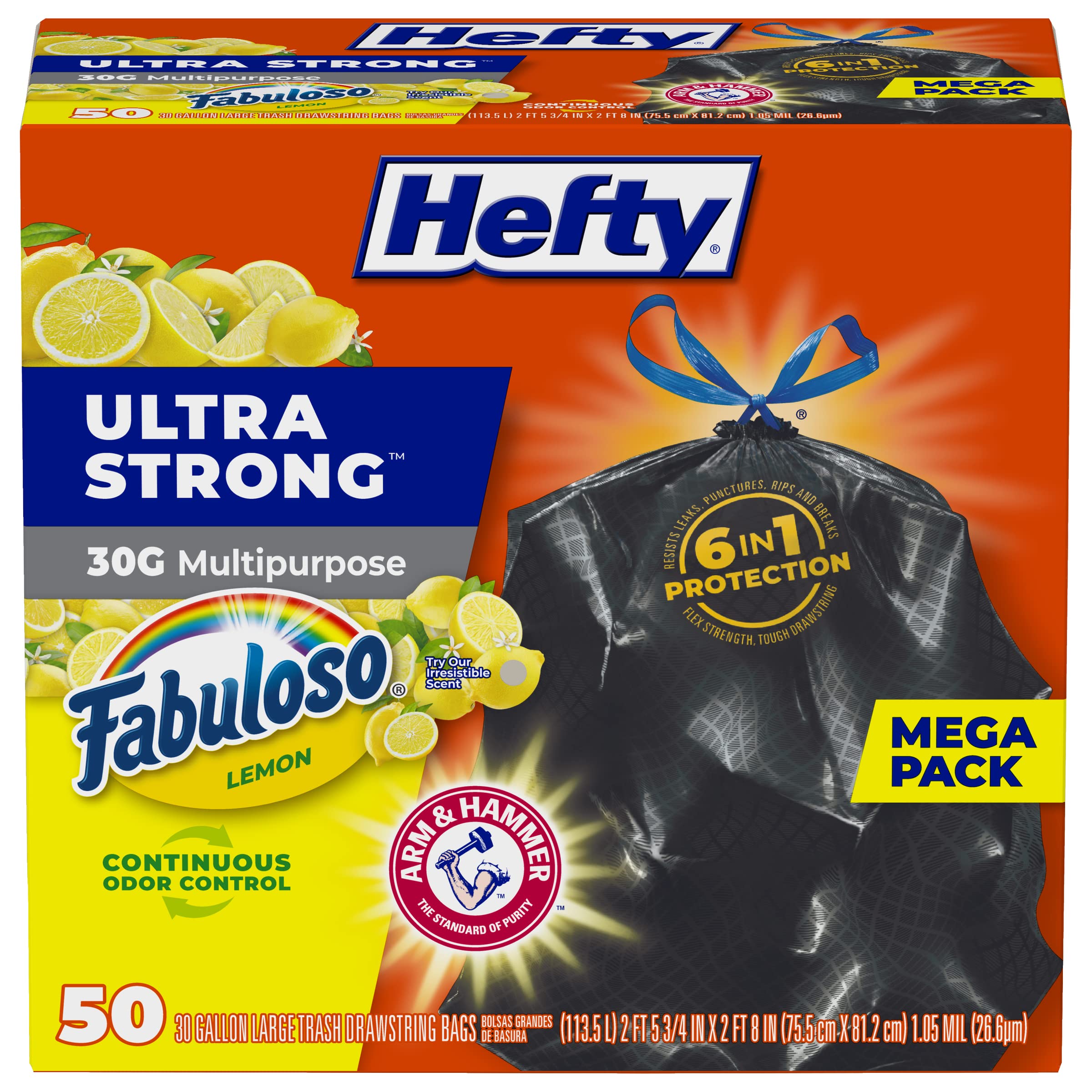 Hefty Ultra Large Trash Bags, Black, Fabuloso Lemon Scent, 30 Gallon, 50ct