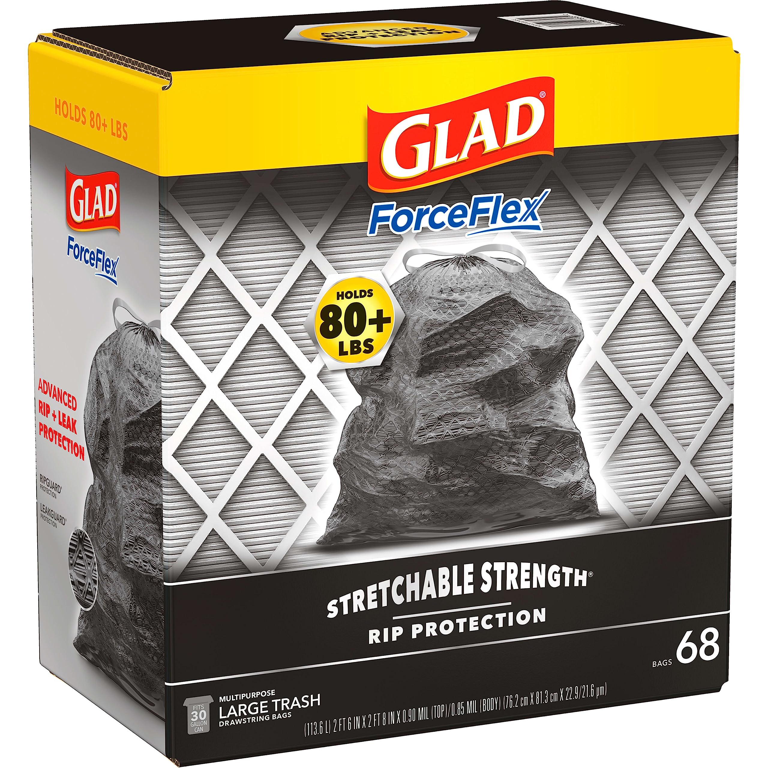 Glad Large Drawstring Trash Bags, ForceFlex 30 Gallon Black Trash Bags, 25/50/68 Count