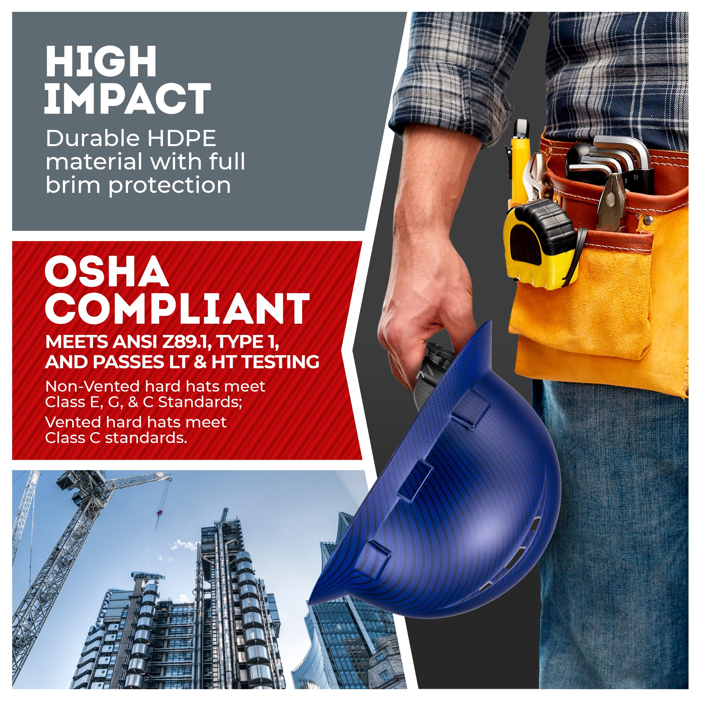 [1 PC] Full Brim Vented Carbon Fiber Matte Finish OSHA Hard Hat with 6-Point Suspension