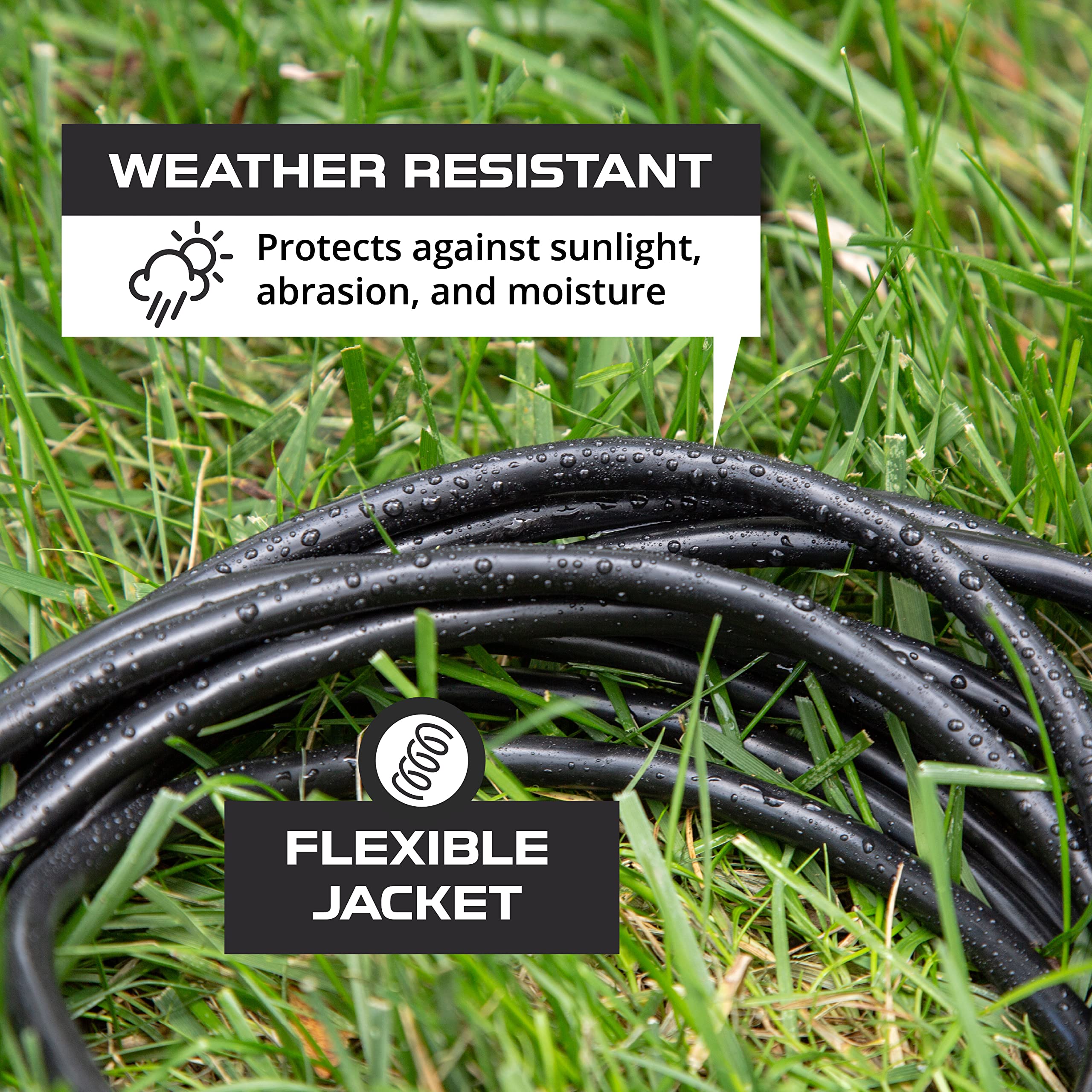 Weatherproof Outdoor Extension Cord, 16/3 SJTW Heavy Duty Black Extension Cord 3 Prong, 13 Amp Exterior Power Cable