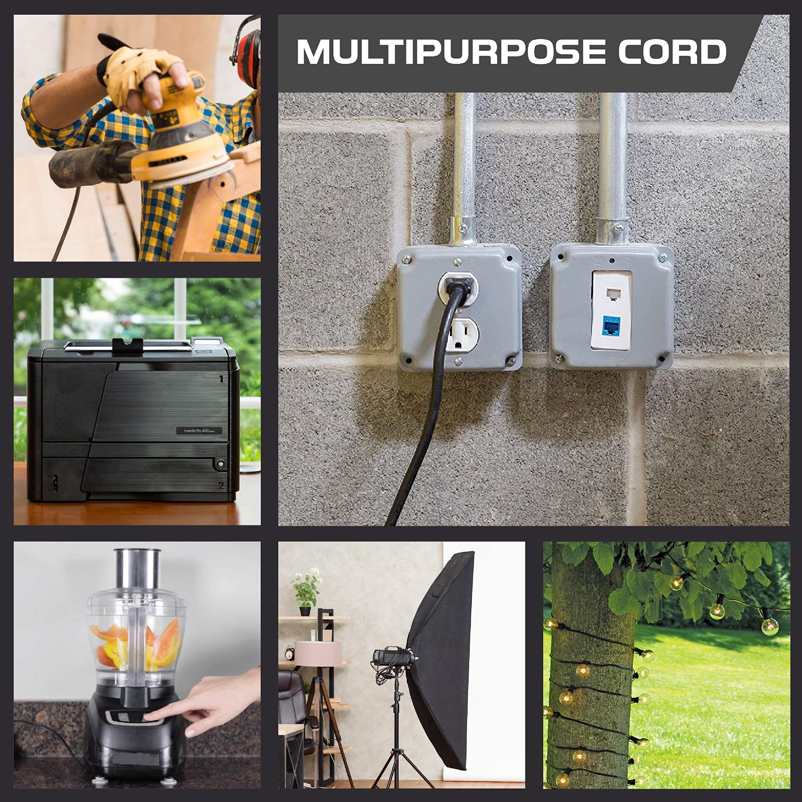 Weatherproof Outdoor Extension Cord, 16/3 SJTW Heavy Duty Black Extension Cord 3 Prong, 13 Amp Exterior Power Cable