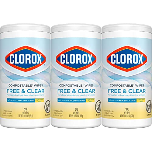 [3 Pack] Clorox Compostable Cleaning Wipes - Simply Lemon, 75 Count per Container
