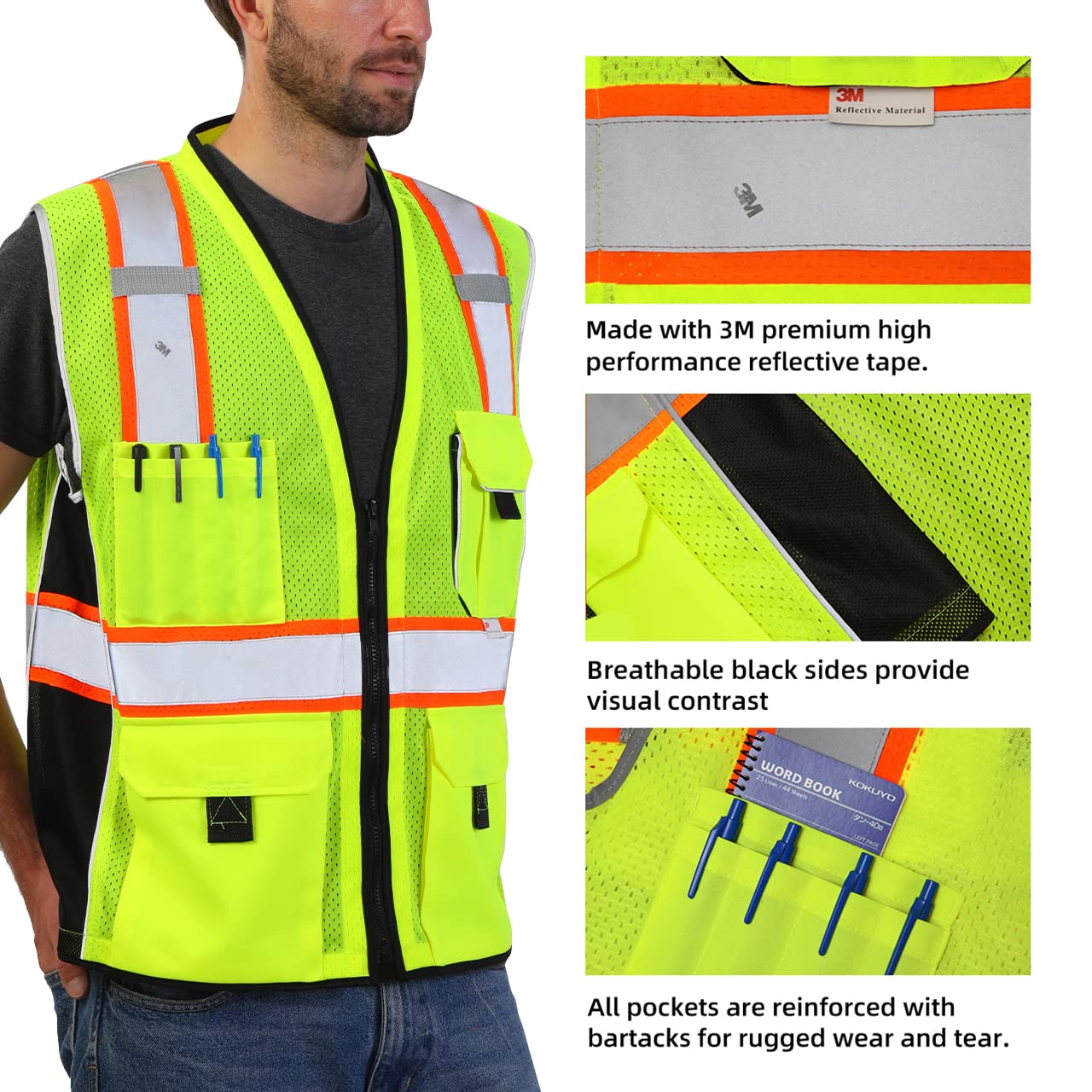 [1 PC] Safety Vest Reflective Yellow Mesh, ANSI Class 2 Heavy Duty