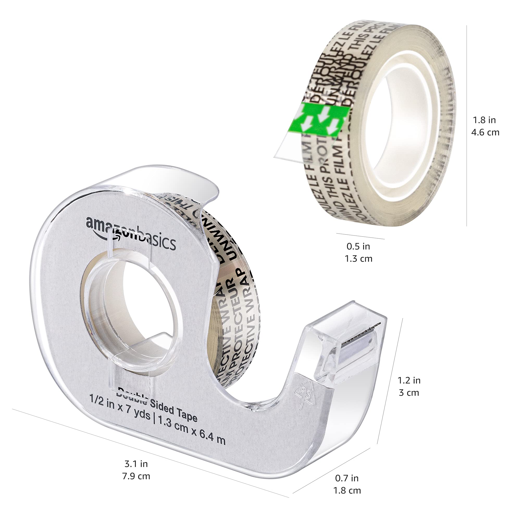 Basics Double Sided Tape with Dispenser, Narrow Width, 1/2 x 252 inches, 3-Pack, Translucence