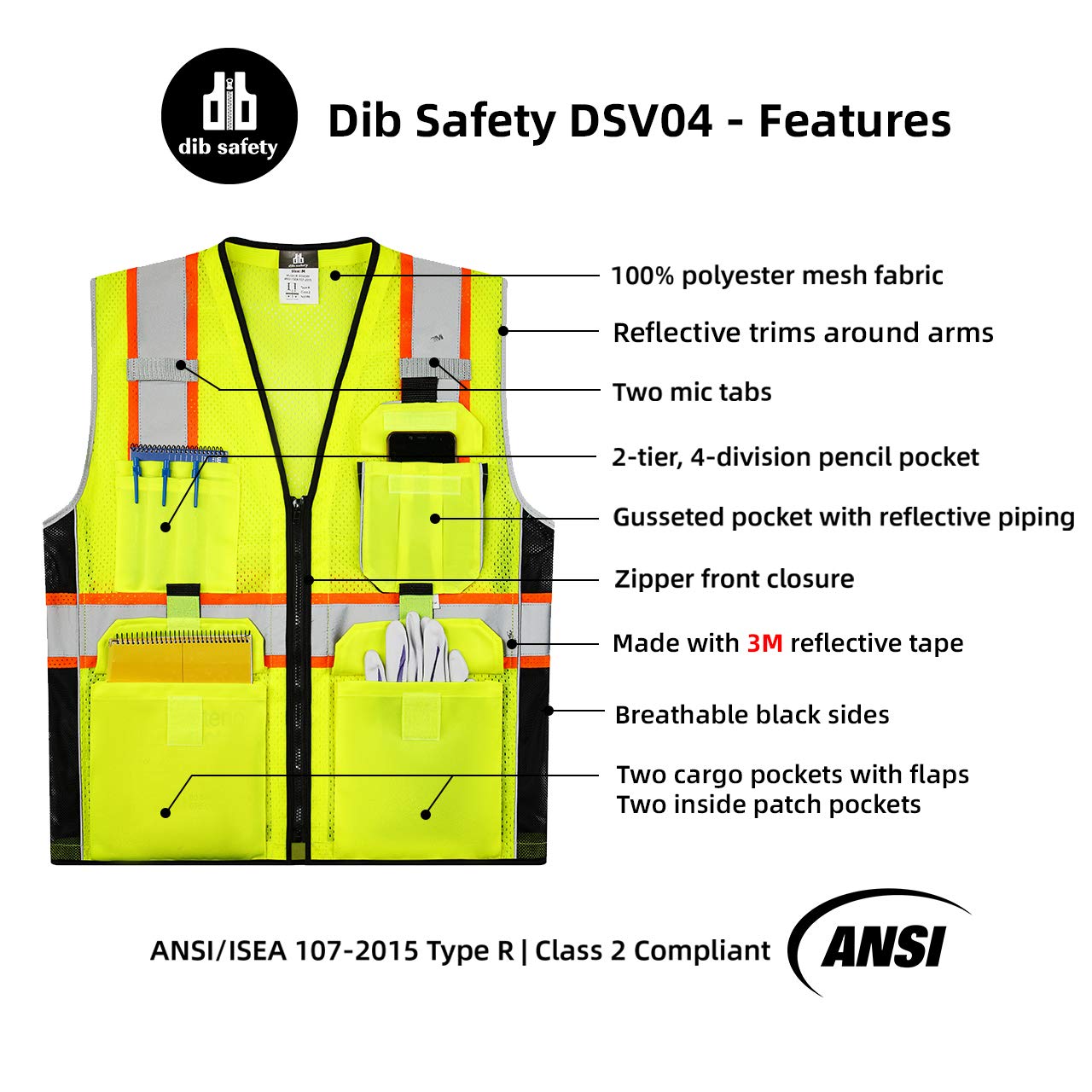 [1 PC] Safety Vest Reflective Yellow Mesh, ANSI Class 2 Heavy Duty