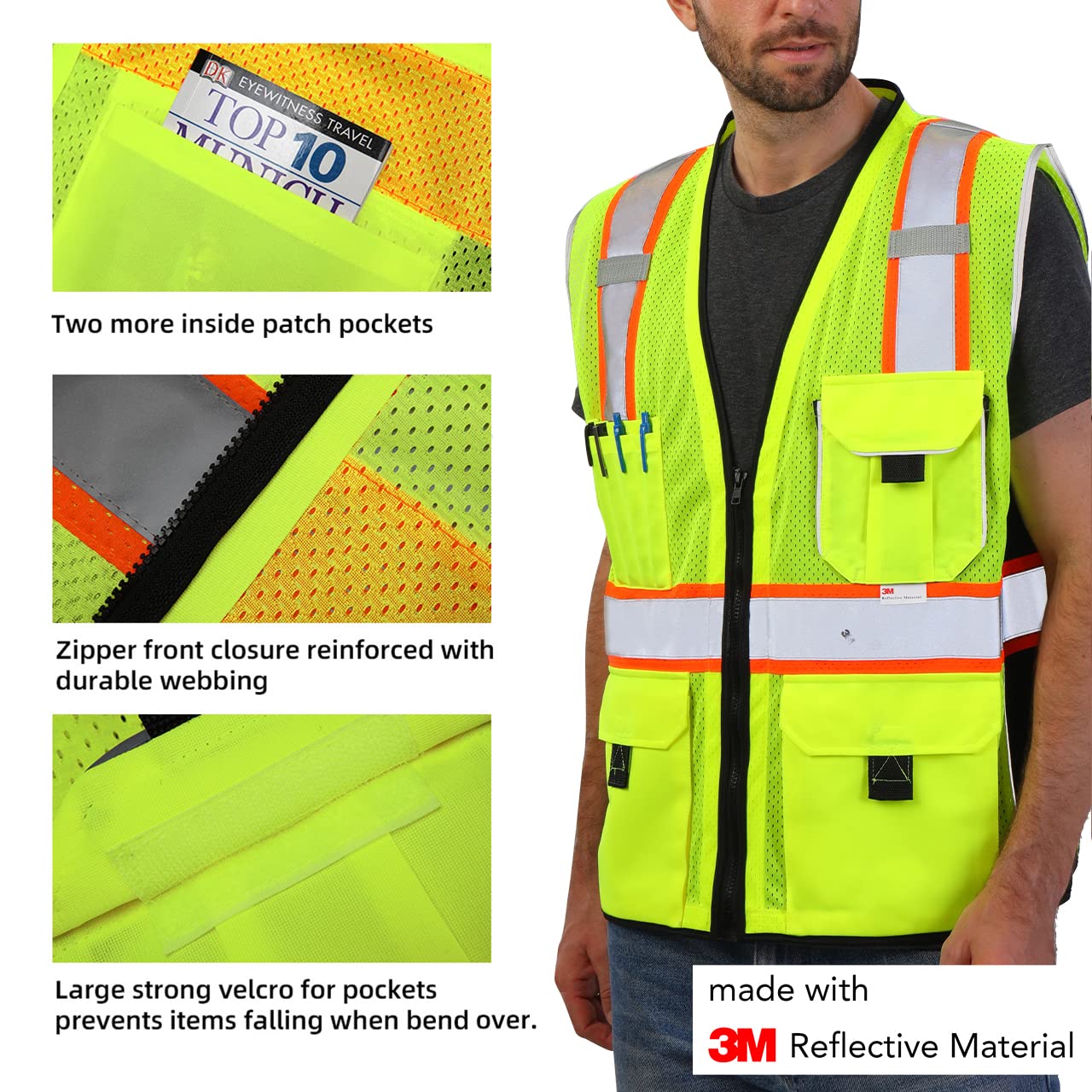[1 PC] Safety Vest Reflective Yellow Mesh, ANSI Class 2 Heavy Duty