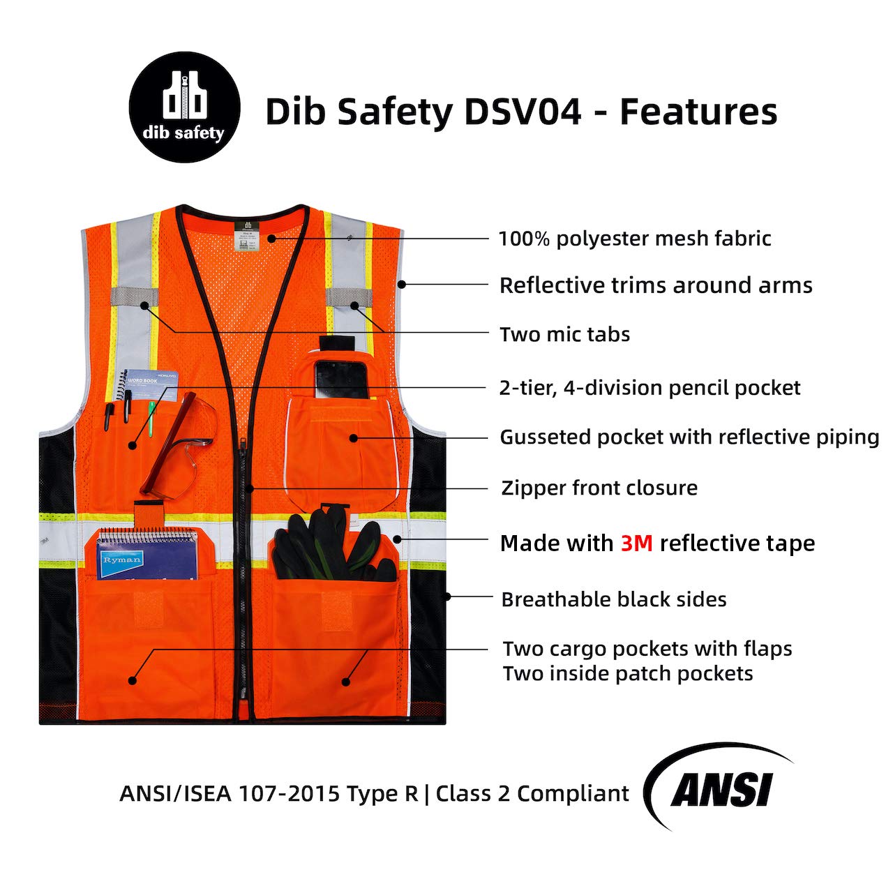 [1 PC] Safety Vest Reflective Yellow Mesh, ANSI Class 2 Heavy Duty